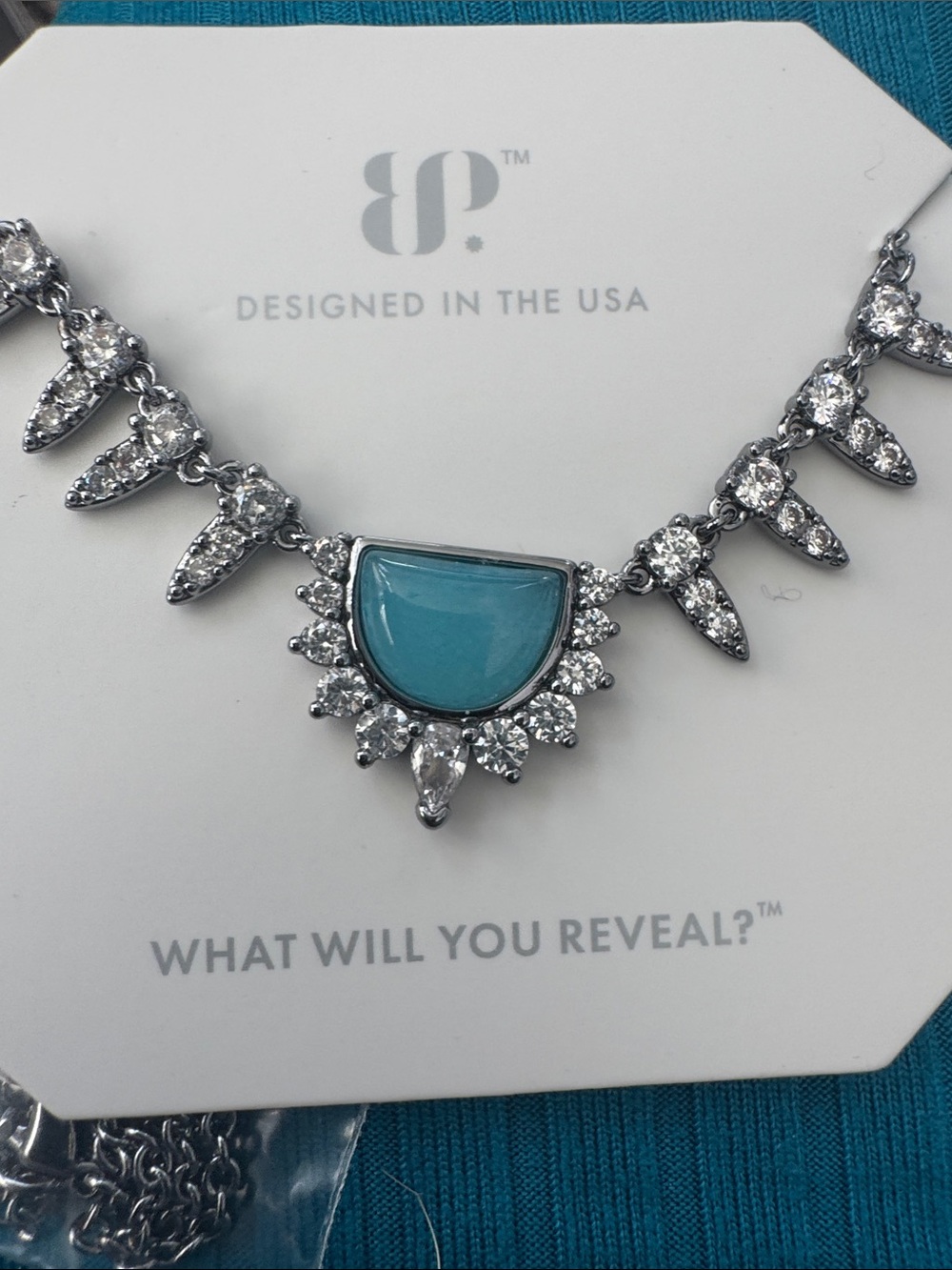 bp Silver-Tone Necklace with Turquoise Stone and Clear Crystals